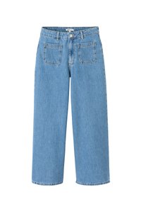 Jean en denim bleu clair avec une conception à jambes larges, taille haute, fermeture par bouton à l'avant et deux poches arrière. Détails de coutures le long des bords.