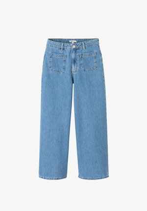 Jean en denim bleu clair avec une conception à jambes larges, taille haute, fermeture par bouton à l'avant et deux poches arrière. Détails de coutures le long des bords.