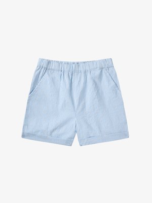 Σορτς με κάθετες ρίγες σε ανοιχτό μπλε και λευκό, με ελαστική μέση και μπροστινές τσέπες, λεπτομέρεια διπλωμένου τελειώματος, σε λευκό φόντο.
