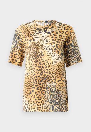 Leopard print short-sleeve blouse features a round neck, soft fabric, and a loose fit, showcasing various shades of brown and black patterns.