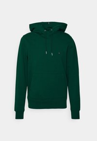 Sudadera de algodón verde con un bolsillo frontal, cordones ajustables y un pequeño logo en el pecho. Cuenta con puños y dobladillo acanalados.