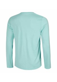 Maglietta a maniche lunghe di colore azzurro chiaro, realizzata in tessuto liscio. Presenta un collo rotondo e un design semplice senza motivi o accenti visibili.