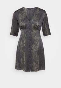 Dark gray dress with a subtle patterned texture, v-neck, cinched waist, and half sleeves. Features a front button closure.