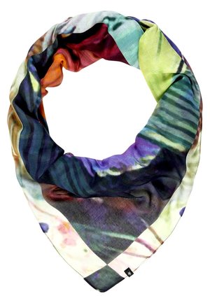Écharpe en soie légère multicolore avec des motifs abstraits dans des tons de vert, violet, orange et bleu, disposée en forme circulaire lâche.