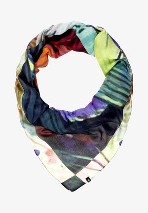 Écharpe en soie légère multicolore avec des motifs abstraits dans des tons de vert, violet, orange et bleu, disposée en forme circulaire lâche.