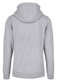 Grå bomulds hættebluse med en stor hætte, ribkantede ærmer og kant, med en glat tekstur og minimal detaljering på bagsiden.