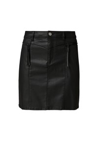 Musta nahkainen minihame, jossa on slim fit -malli, etupocketit vetoketjulla ja sileä, hieman kiiltävä pinta. Vyötäröniisessä on metallinen napitusyksityiskohta.