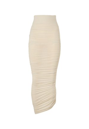Beige, højtaljet nederdel lavet af strækbart materiale, med rynket detalje og asymmetrisk kant for en tætsiddende silhuet.