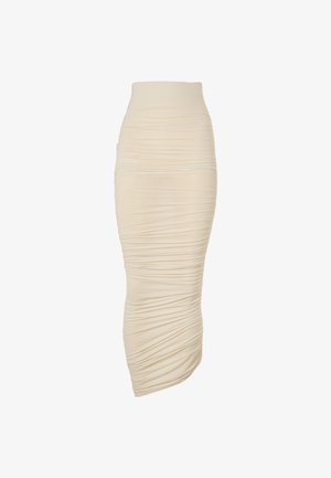 Jupe beige taille haute en matériau extensible, avec des détails froncés et un ourlet asymétrique pour une silhouette ajustée.