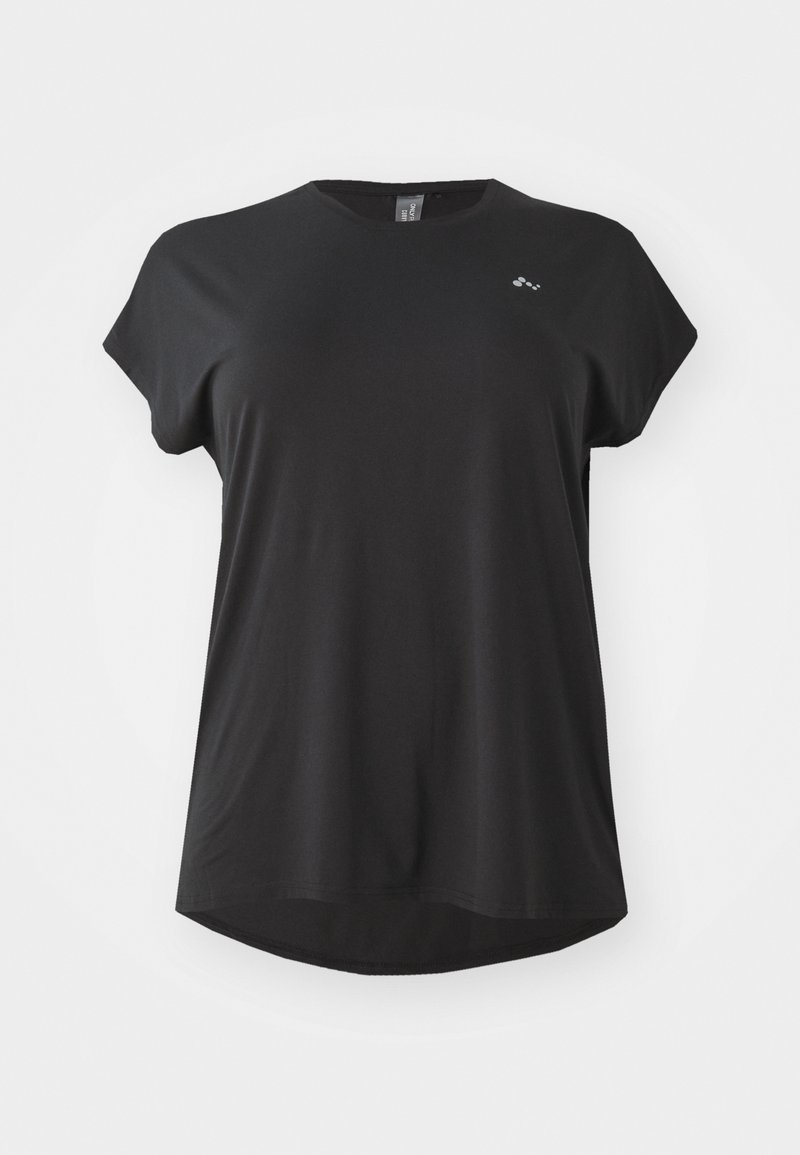 Sort kortærmet t-shirt lavet af glat stof, med rund hals, en let buet kant og et lille logo i øverste venstre hjørne.