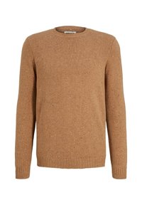 Herren Langarm-Crewneck-Pullover aus braunem Tweedstrick mit Rippbündchen und Rippabschluss.