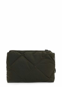 Quilted dark green pouch made of soft fabric with a rectangular shape, featuring a top zipper closure and stitched diamond pattern.