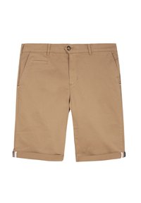 Bermuda beige da uomo in chino con bottone frontale e zip, tasche laterali e orli ripiegati con piccole righe in bianco e nero.