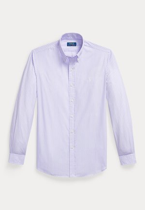 Ανοιχτό μωβ πουκάμισο με μακριά μανίκια και κουμπιά, λευκές κάθετες ρίγες, κουμπωτό γιακά και διακριτικό κεντητό λογότυπο στο αριστερό στήθος.