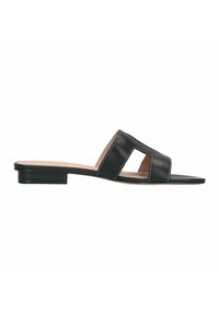 Black leather slide sandal with two cut-out straps, flat sole, and minimal hardware. White stitching accents add detail.