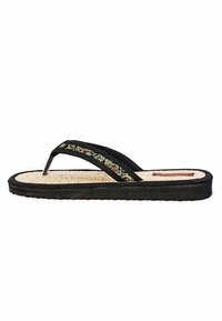 Black flip-flop featuring decorative floral embroidery, a textured beige footbed, and a flexible rubber sole with a slight grip.
