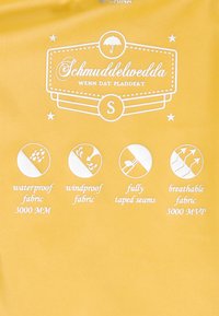 Sárga vízálló anyag fehér grafikus szöveggel és ikonokkal. Fő jellemzők: vízálló (3000 mm), szélálló, teljesen ragasztott varratok, légáteresztő (3000 MVP).