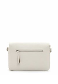 Weiße Leder-Crossbody-Tasche mit strukturiertem Oberflächen, rechteckiger Form und vorderer Reißverschlusstasche. Verstellbarer Gurt enthalten.