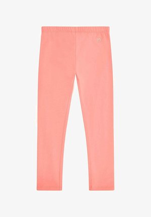Leggings de color durazno fabricados con un tejido suave y elástico, con una cinturilla elástica. Presentan un diseño simple sin patrones visibles ni herrajes.