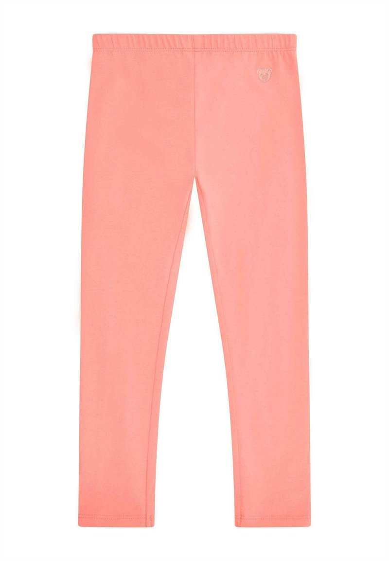 Leggings color pesca realizzati in tessuto morbido e elasticizzato con una vita elasticizzata. Presentano un design semplice e senza motivi o hardware visibili.