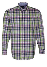 Knäppt skjorta med ett flerfärgat rutmönster i grönt, lila och marinblått, med krage och en bröstficka.