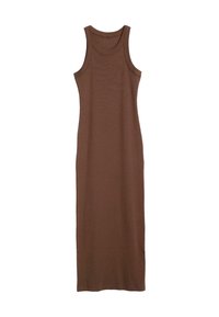 Brown sleeveless maxi dress made from soft fabric, featuring a fitted silhouette and simple round neckline with no additional patterns or accents.