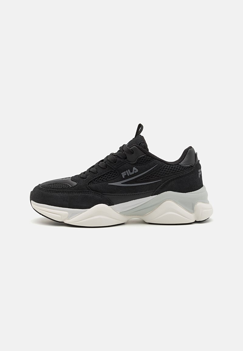 Black sneakers made of mesh and suede, featuring thick sole, rounded shape, subtle grey accents, and branded logo on the side.