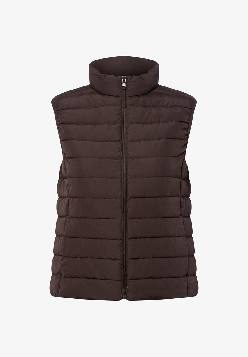 Bruine gevoerde vest met hoge kraag en ritssluiting aan de voorkant. Heeft een horizontaal gestikte patroon en geen mouwen voor warmte en bewegingsvrijheid.
