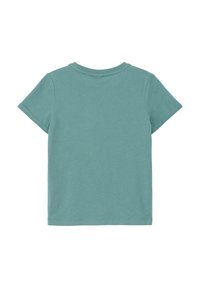 Türkises kurzärmliges T-Shirt aus weicher Baumwolle, mit rundem Ausschnitt und glatter Textur in einem schlichten Design.
