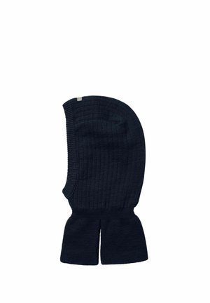 Cagoule noire en maille avec protection de cou fendue et dessus arrondi, conçue pour une chaleur totale de la tête et du cou.