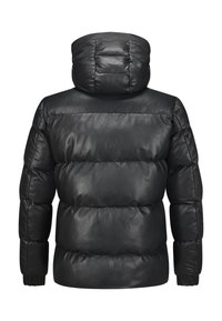 Schwarze Steppjacke mit hohem Kragen und Kapuze, aus glattem Leder gefertigt, mit gestepptem Design und gerippten Bündchen.