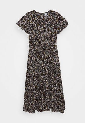 Robe midi noire à manches courtes avec un petit imprimé floral multicolore et un col rond.