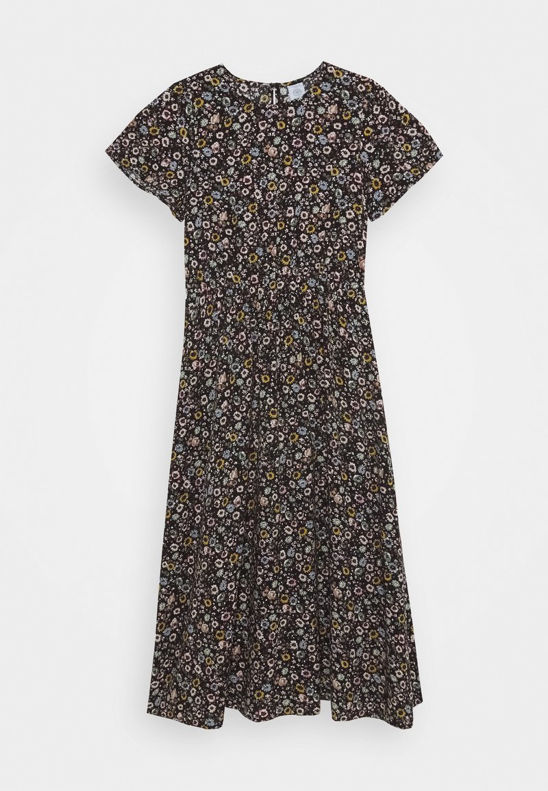 Robe midi noire à manches courtes avec un petit imprimé floral multicolore et un col rond.