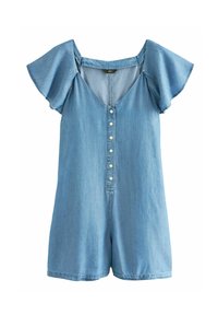 Helleblaue Denim-Jumpsuit mit kurzen, schwingenden Ärmeln, einem tiefen V-Ausschnitt und sechs Knopfverschlüssen vorne.