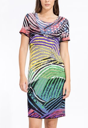 Short-sleeve dress featuring a multicolored, abstract pattern with green, purple, black, and red hues. Made of stretch knit fabric.