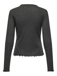 Langärmliger, dunkelgrauer gerippter Pullover mit rundem Ausschnitt. Verfügt über strukturierte vertikale Linien und einen welligen Saum am unteren Ende und an den Bündchen.