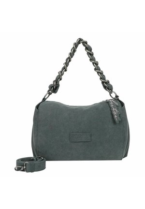 Sac à main gris en tissu doux avec une poignée en chaîne tressée, une bandoulière amovible et un détail sur l'étiquette. Il dispose d'une fermeture zippée et d'une base plate.