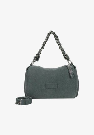 Borsa morbida grigia con manico a catena intrecciata, tracolla removibile e dettaglio con etichetta. Presenta una chiusura con zip e una base piatta.