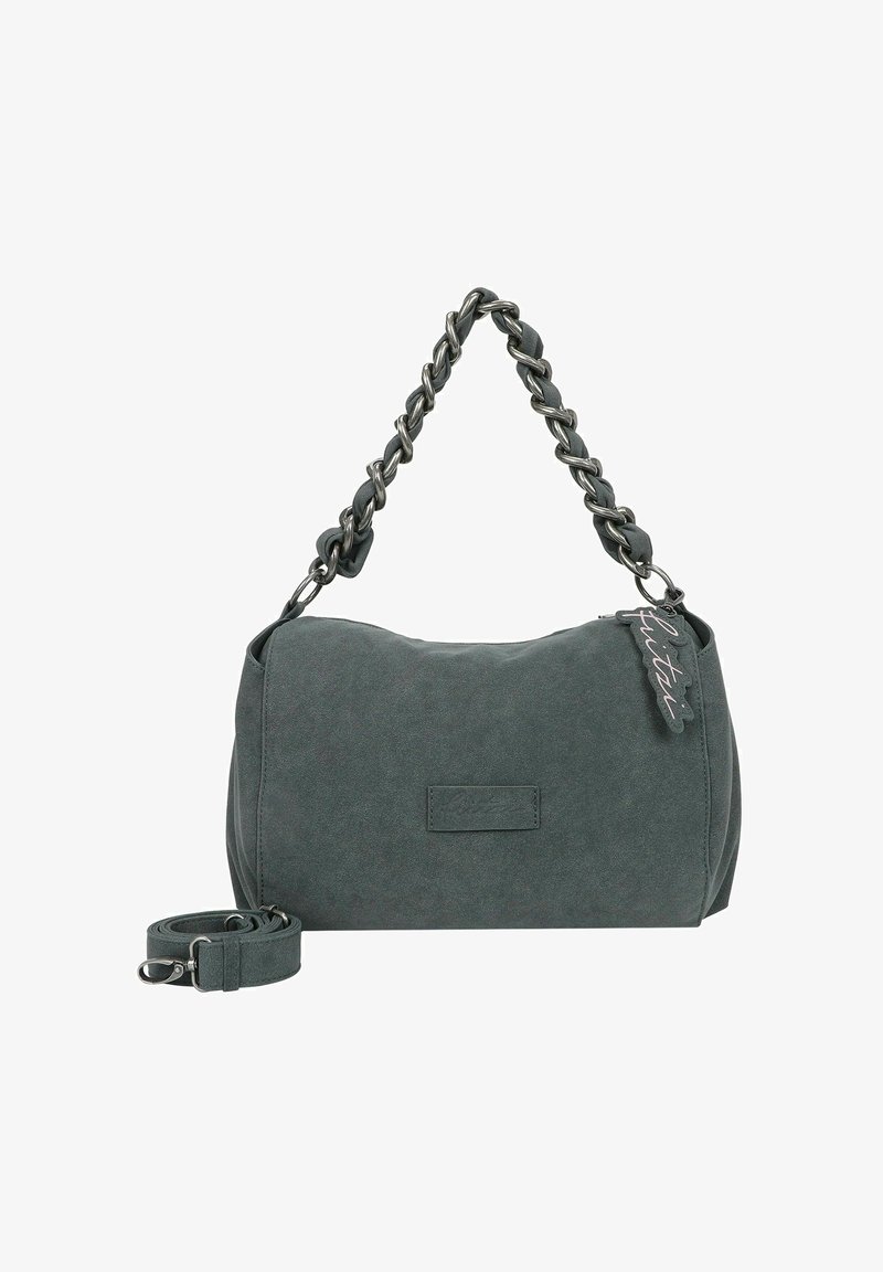 Borsa morbida grigia con manico a catena intrecciata, tracolla removibile e dettaglio con etichetta. Presenta una chiusura con zip e una base piatta.