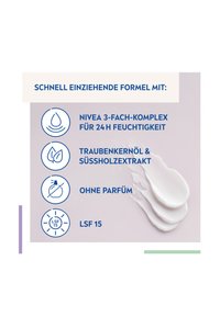 NIVEA-Cremetuben auf einem hellen Hintergrund mit weißen Cremewischern. Icons zeigen Hydratation, Traubenkernöl und Sonnenschutz.