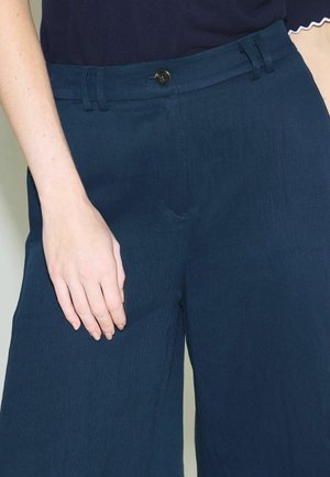 Zbliżenie osoby noszącej granatowe spodnie o szerokich nogawkach z guzikiem i szlufkami na pasek, z ręką spoczywającą na lewej udzie.