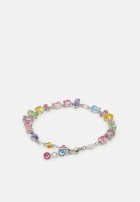 Multicolored gemstone bracelet featuring various shapes, set in silver-tone metal with a lobster clasp and highlighted by bright accents.