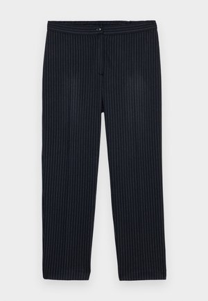 Marine-striped bukser laget av stoff med vertikale hvite striper. Har knappelukking og rett ben-design.