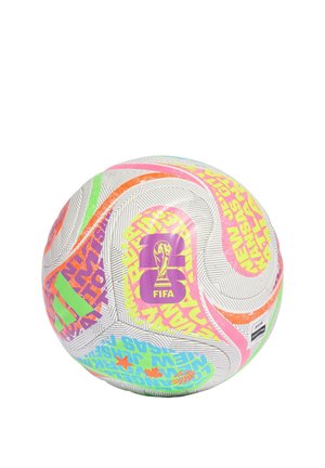 Ballon de football blanc de la Coupe du Monde FIFA 2022 avec texte et motifs néon colorés en rose, vert, orange, bleu et violet.