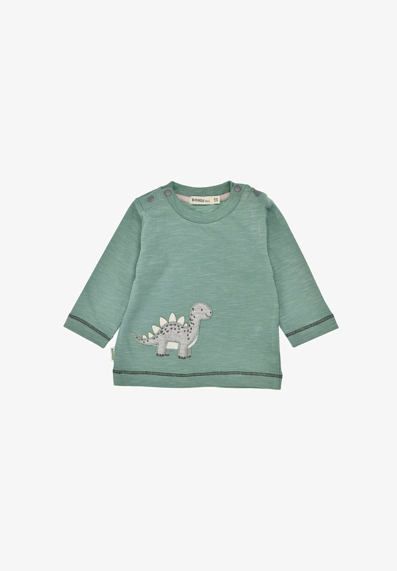 Grünes Langarmshirt aus weichem Stoff, mit einem grauen Dinosaurier-Applikation und kontrastierenden Nähten am Saum und an den Ärmeln.