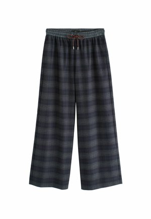 Meeste laiad plääsiga püksid tumesinises toonis, elastse vöökoha ja pruuni nööriga.