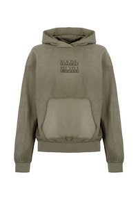 Olijfgroene hoodie met een voorzak en het "NAPA PIJRI" logo gecentreerd op de borst.