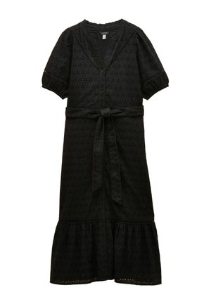 Čierne midi šaty s nafúknutými rukávmi, zapínaním na gombíky vpredu, opaskom v páse, očkovou látkou a volánovým lemom.