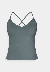 Gray ribbed tank top with a V-neck and crisscross back straps. Smooth texture and a fitted design, featuring subtle branding at the hem.