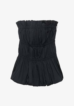 Zwarte strapless top met geplooide textuur, voorzien van horizontale naden en een uitlopende, geplooide rand aan de onderkant. Soepele stof.